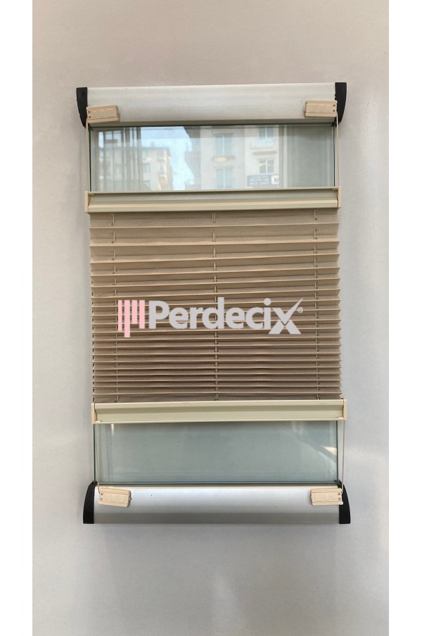 Perdecix Akordiyon Katlanır Cam balkon Plise Perde Ofis, Plastik Pencere Kapı ve Alüminyum Pencere ve Kapı perdesi Bej Kumaş,Krem Profil